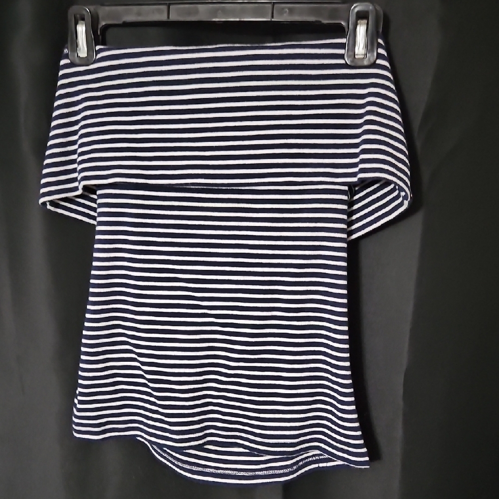LOFT Navy and White Striped Off The Shoulder Top Womens